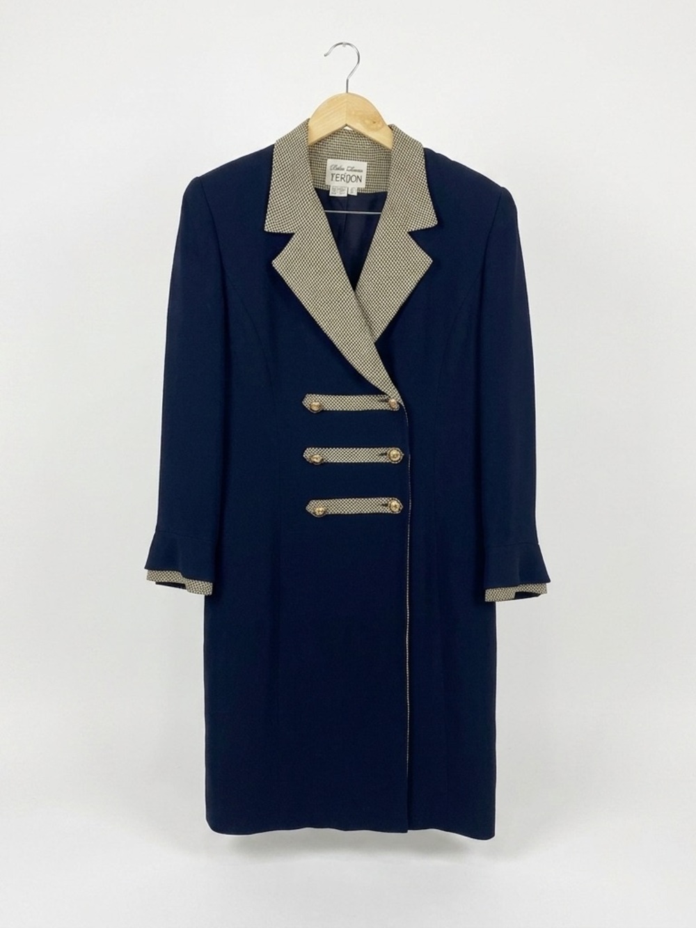 Vintage Teri Jon Rickie Freeman Houndstooth Military Coat Dress‎ Black 10 *FLAW*